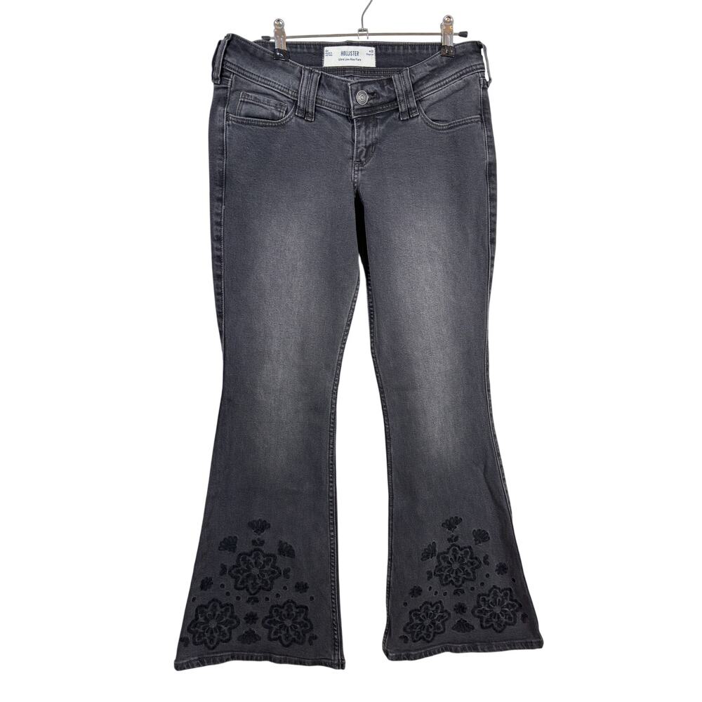 Hollister Flare Jeans Womens 6 Black Faded Ultra Low-Rise Floral Embroidery